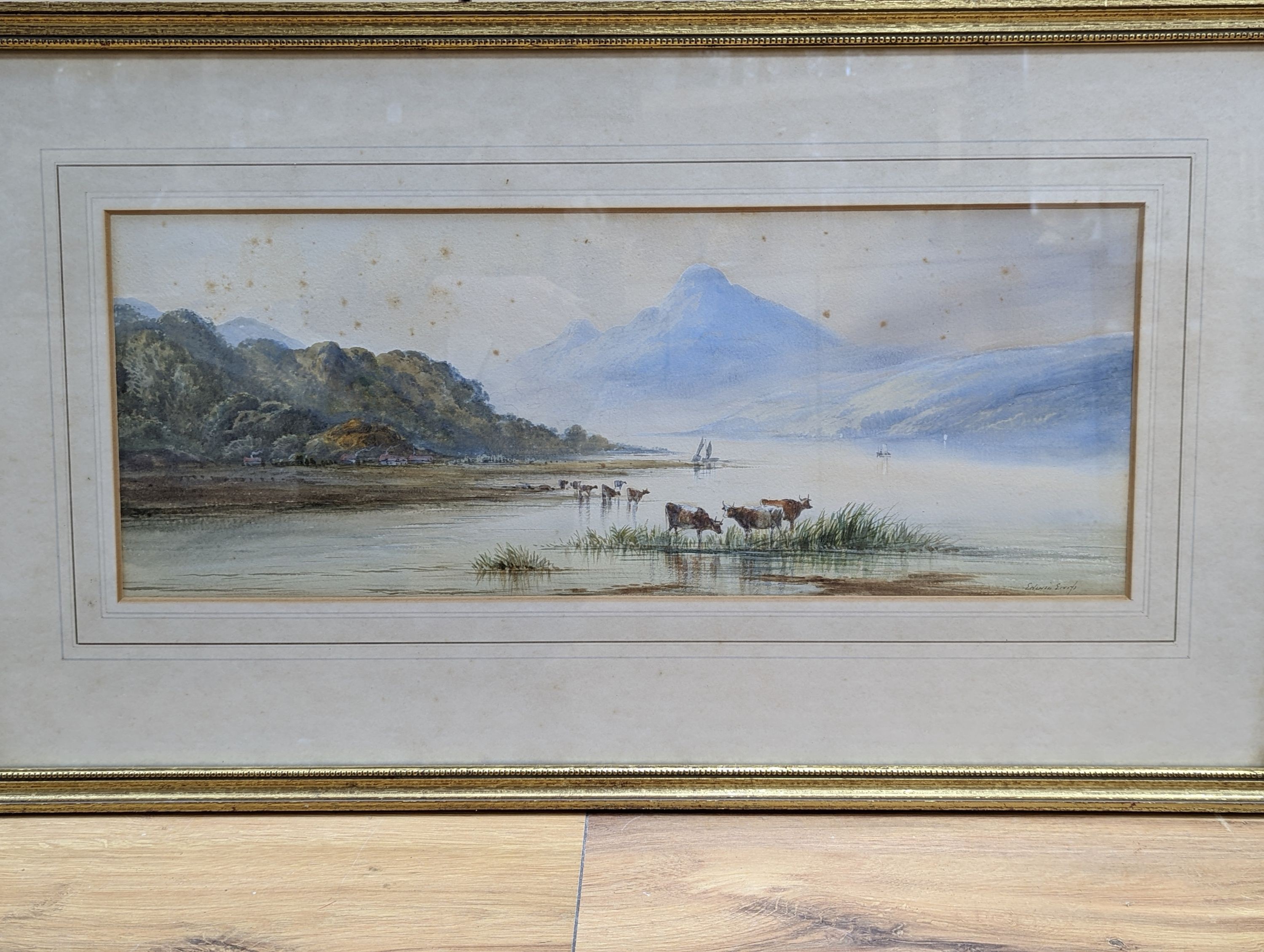 Edwin Earp (1851-1945), pair of watercolours, Lake scenes with cattle watering and anglers, signed, 21 x 56cm